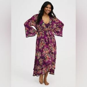 NWT 4X TORRID Chiffon Ruffle Kimono Swim Cover-Up~Punchy floral eggplant